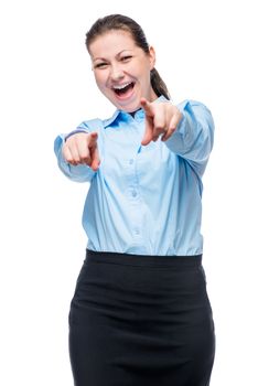 emotional successful woman in formal business clothes on white background