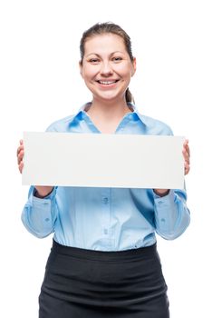 successful businesswoman in a blue shirt with a poster for the inscription isolated