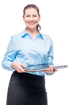 Smiling woman with laptop successful in business, portrait on white background isolated