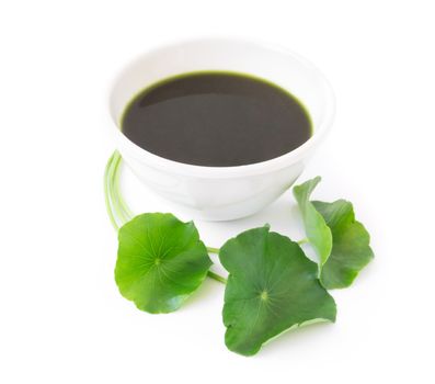 Closeup of Gotu kola's leafs drink on white background, herb and medical concept