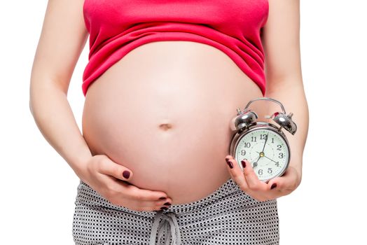 expectation of a future baby concept photo, pregnant woman with an alarm clock