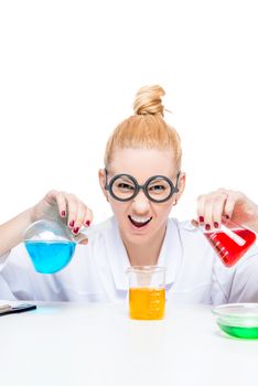 crazy comedian lab assistant chemist with multi-colored test tubes smiling