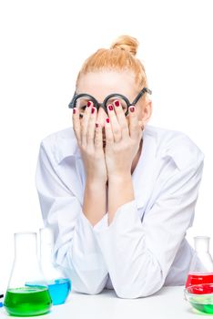 blond woman tired of laboratory tests with test tubes