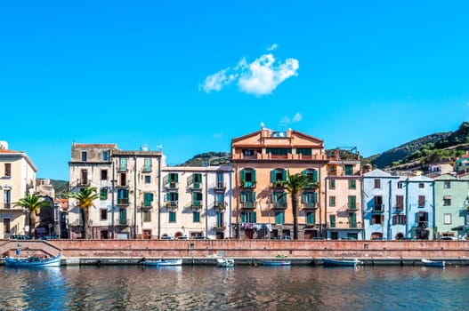 View of ancient village of Bosa on Temo river in a sunny morning of summer - Sardinia - Italy