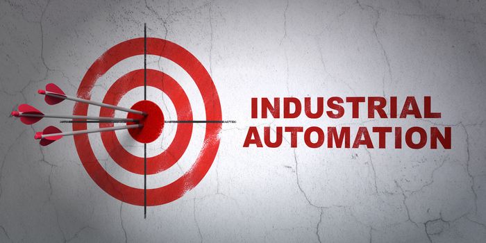 Success Industry concept: arrows hitting the center of target, Red Industrial Automation on wall background, 3D rendering