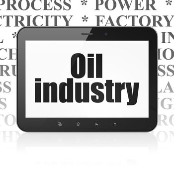 Manufacuring concept: Tablet Computer with  black text Oil Industry on display,  Tag Cloud background, 3D rendering