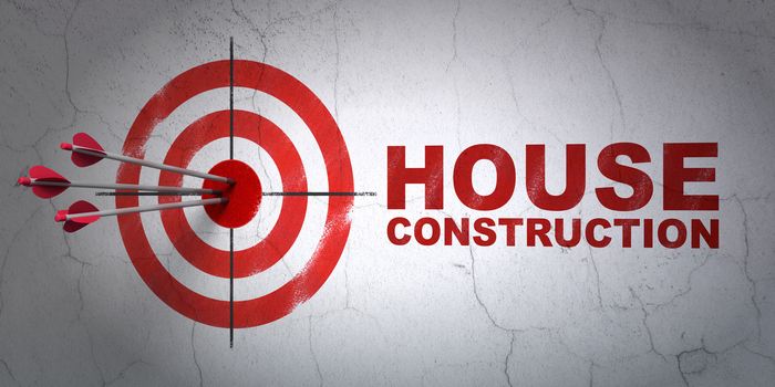 Success building construction concept: arrows hitting the center of target, Red House Construction on wall background, 3D rendering