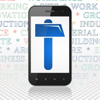 Building construction concept: Smartphone with  blue Hammer icon on display,  Tag Cloud background, 3D rendering