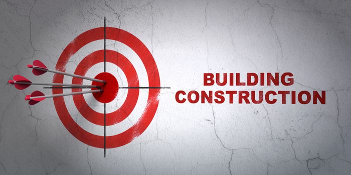 Success construction concept: arrows hitting the center of target, Red Building Construction on wall background, 3D rendering