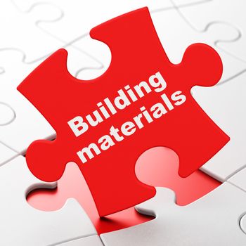 Constructing concept: Building Materials on Red puzzle pieces background, 3D rendering