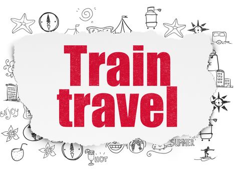 Tourism concept: Painted red text Train Travel on Torn Paper background with  Hand Drawn Vacation Icons