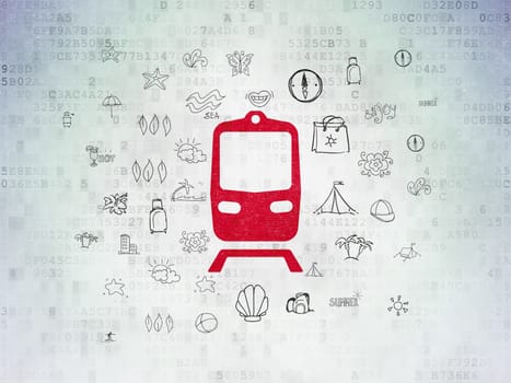 Travel concept: Painted red Train icon on Digital Data Paper background with  Hand Drawn Vacation Icons