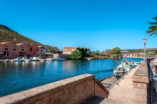 View of ancient village of Bosa on Temo river in a sunny morning of summer - Sardinia - Italy