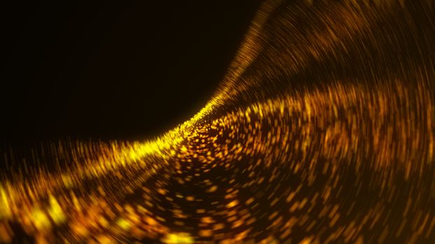 Spiral gold background consisting of particles. Abstract digital backdrop. 3D rendering