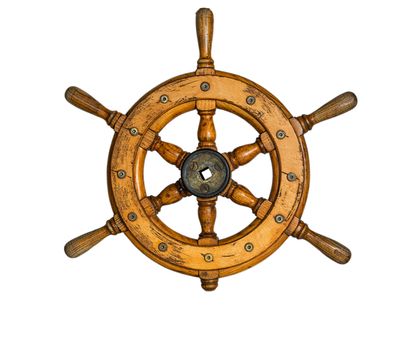 Isolated Vintage Wooden And Brass Ship's Steering Wheel With White Background