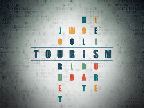 Tourism concept: Painted blue word Tourism in solving Crossword Puzzle on Digital Data Paper background
