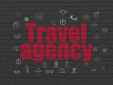 Tourism concept: Painted red text Travel Agency on Black Brick wall background with  Hand Drawn Vacation Icons