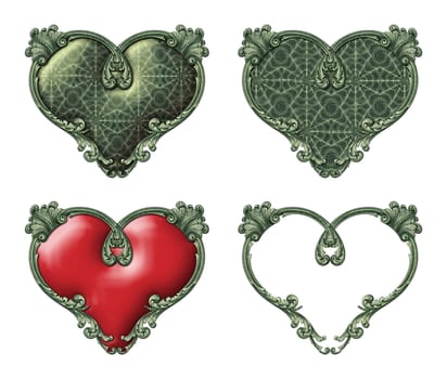 Photo-Illustration using parts of the one dollar bill to create four heart shaped graphics.