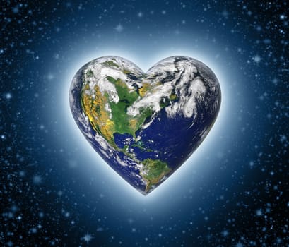 The planet earth shaped as a heart against a starry background.