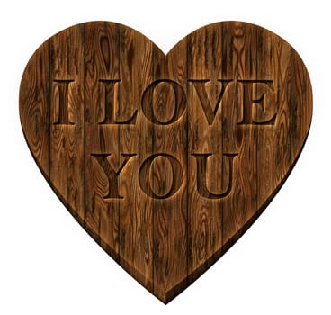 Digital illustration of wooden panels in a heart shape with the words I Love You carved into it.