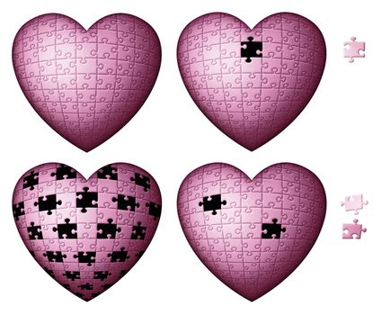 Digital illustration of four heart shaped puzzles.