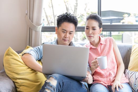 Young Couples using laptop tohether in living room of contemporary house for modern lifestyle concept