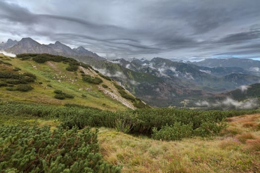 View on high Tatra Mountains with dramatic cloudy sky