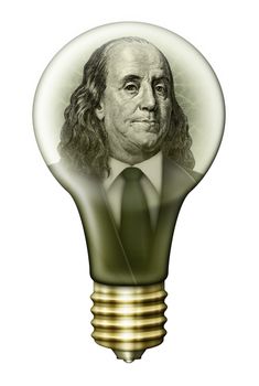 Photo-Illustration using parts of U.S. currency bills combined with my digital illustration of a light bulb.