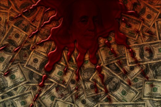 Background of fifty and one hundred dollar bills with blood spatter on top.