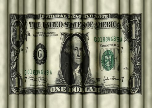 Photo illustration of a rolling wavy U.S. one dollar bill.