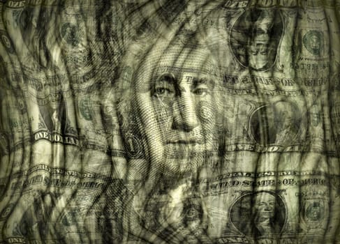 Photo illustration of the U.S. one dollar bill presented in a dreamy distorted design.