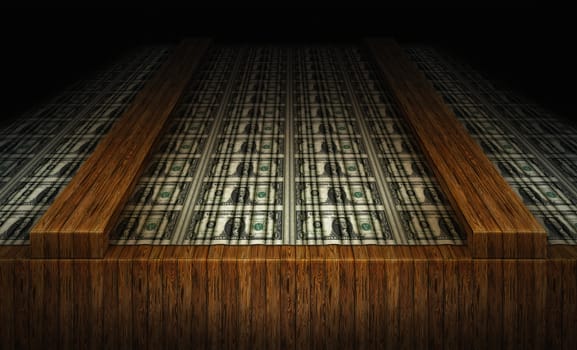 A sheet of United States one dollar bills on a wooden inspection table.