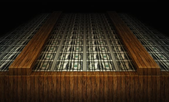 A sheet of United States one dollar bills on a wooden inspection table.