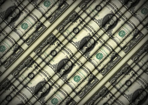 Photo illustration of a rolling wavy sheet of U.S. one dollar bills.
