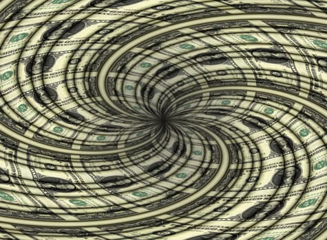 Photo illustration of a sheet of U.S. one dollar bills spiraling to center point.