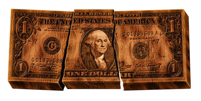 Photo illustration of a broken wooden U.S. one dollar bill.