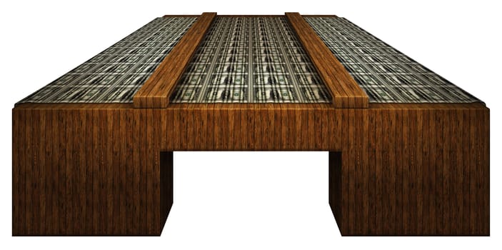 A sheet of United States one dollar bills on a wooden inspection table.