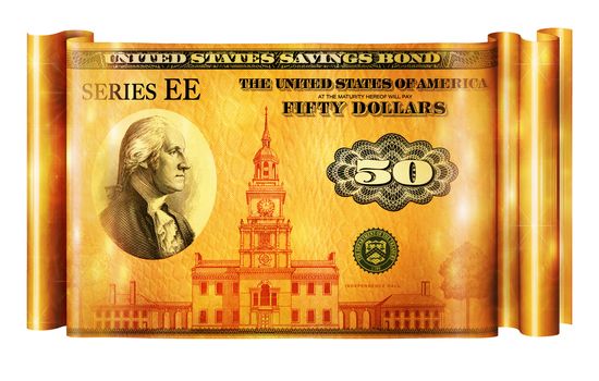 Photo Illustration of a U.S. Savings Bond retouched and re-illustrated to create a gold banner.