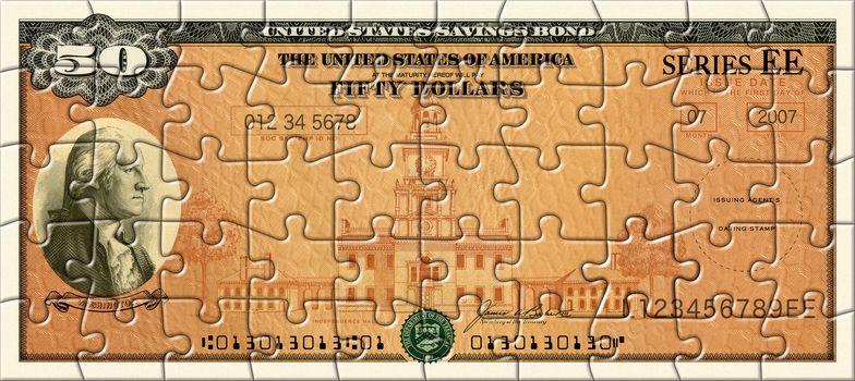 Photo Illustration of a U.S. Savings Bond retouched and re-illustrated as a 50 piece puzzle.