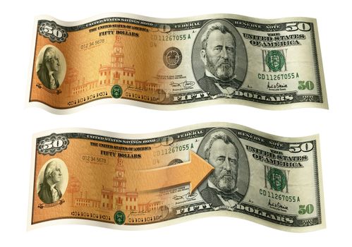 Photo Illustration of a U.S. Savings Bond and a 50 dollar bill composited together.