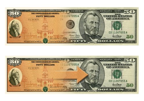 Photo Illustration of a U.S. Savings Bond and a 50 dollar bill composited together.