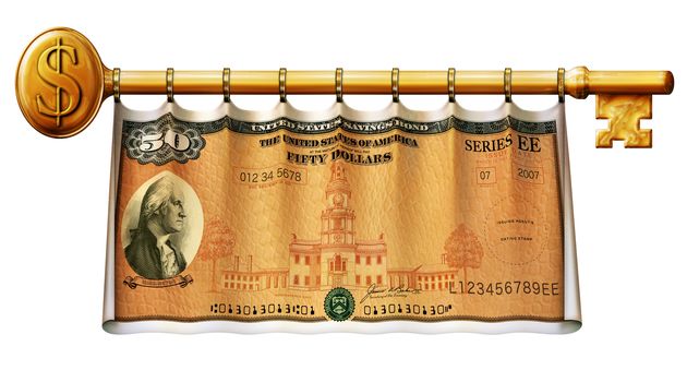 Photo Illustration of a Savings Bond retouched and re-illustrated as a banner hanging on a gold key.