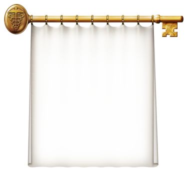 Photo Illustration of a banner hanging on a gold key with a Caduceus – the symbol for medicine.