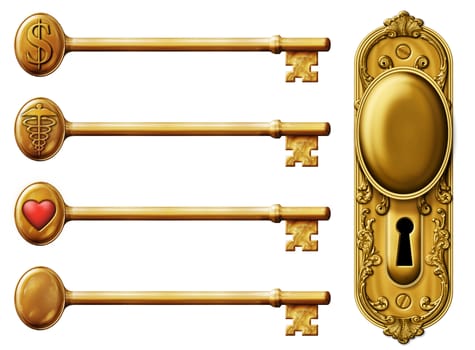Digital Illustration of keys and a door knob with key hole.  Keys are themed to Money, Health, Love, and a blank key.