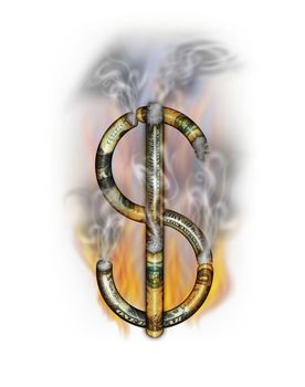 Digital illustration of a burning dollar symbol sign made out of cigarettes.