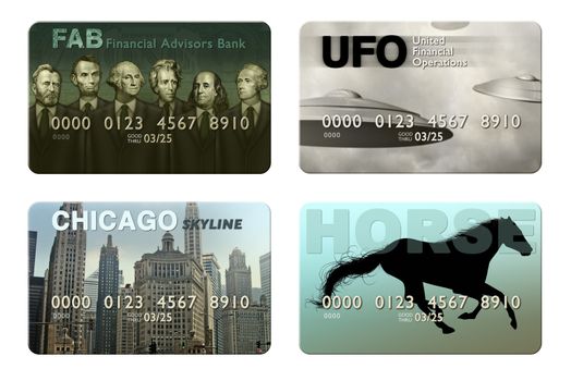 Photo illustration of four imaginary credit cards.