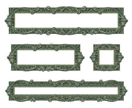 Photo-illustration of 4 borders/frames using elements from a dollar bill.