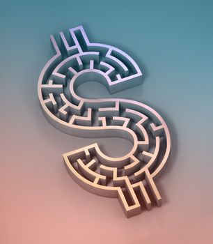 Illustration of a maze shaped like a dollar sign.