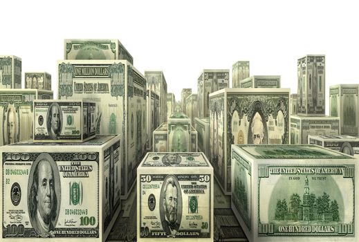 Photo-illustration of city made out of U.S. currency.