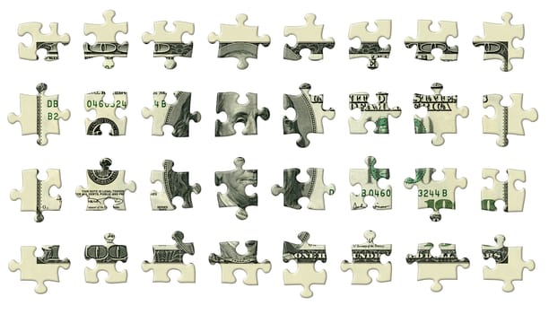 Photo Illustration of a U.S. one hundred dollar bill retouched and re-illustrated as a 32 separate puzzle pieces isolated with a clipping path.